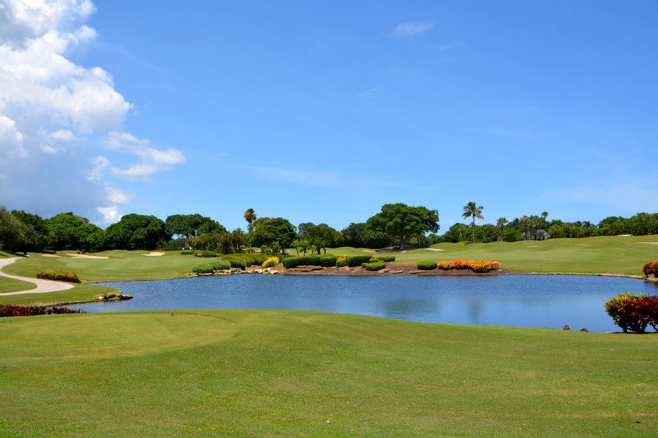 The golf course features a lake and numerous trees