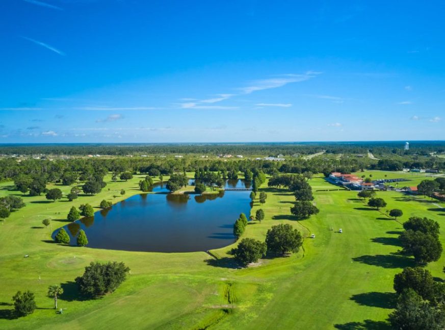 Aerial view of the Indian Lake Estates Golf and Country Club's golf course
