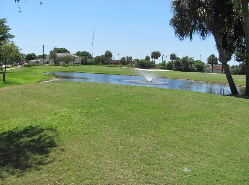 On the golf course, there is a lake with a fountain and numerous homes
