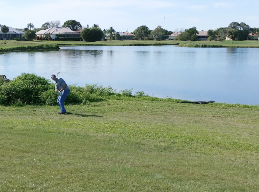 There is a large lake and a golfer on the golf course