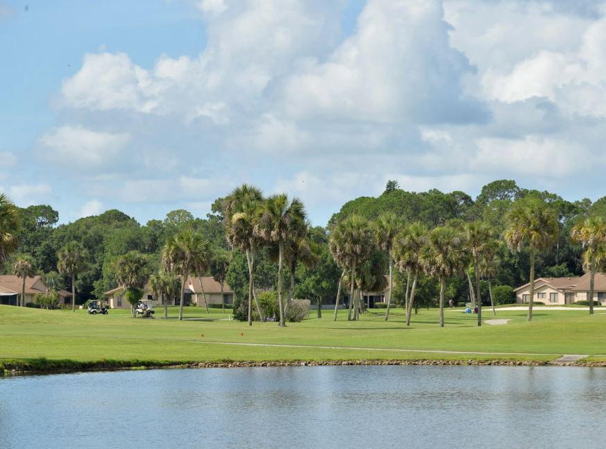 On the golf course, there is a lake as well as many homes and trees