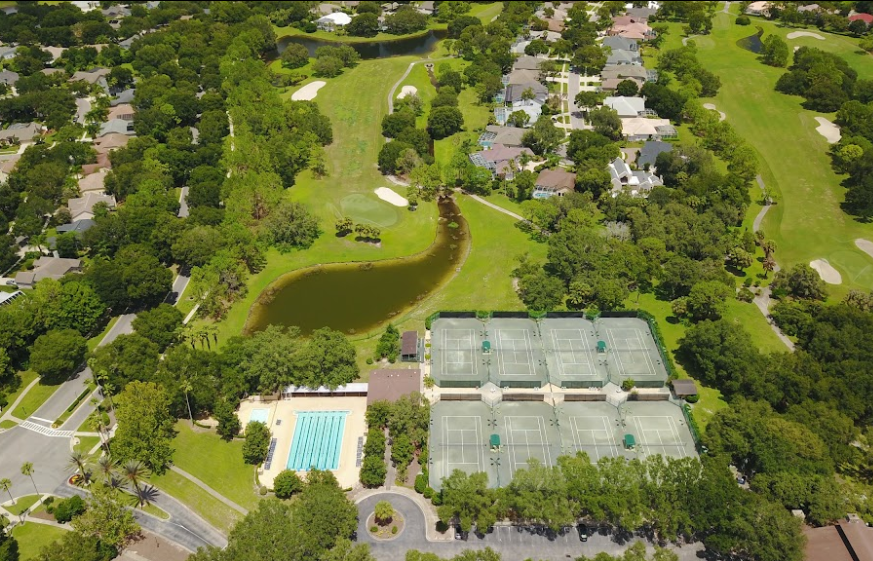 a top view of golf course of the River Hills Country Club