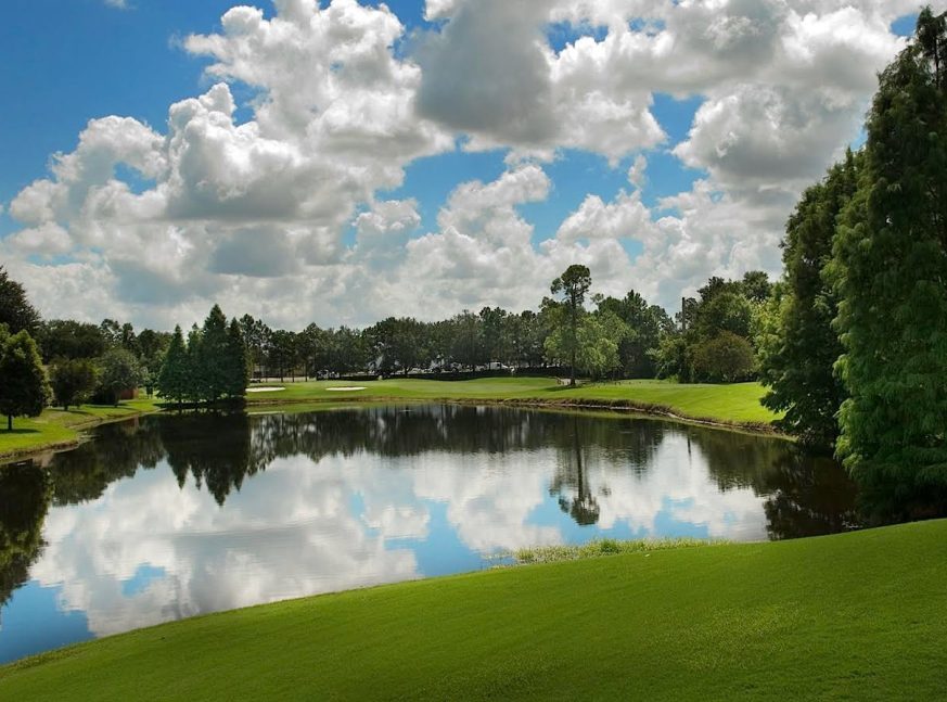On the golf course, there are trees and lakes. - Winter Pines Golf Club