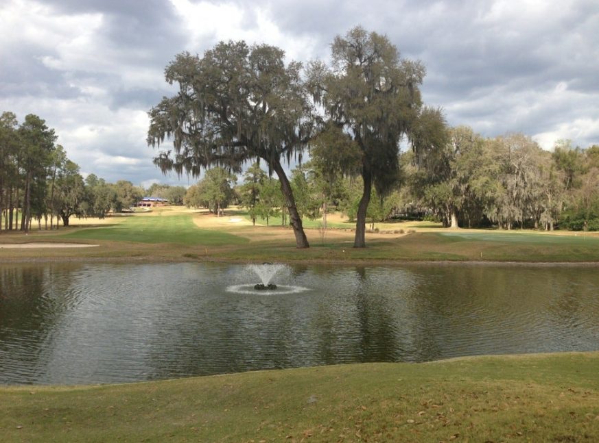 On the golf course, there is a lake with a fountain and many trees - Mark Bostick Golf Course at UF