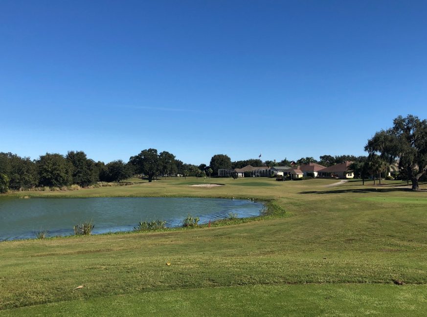 On the golf course, there is a lake and numerous golf clubs